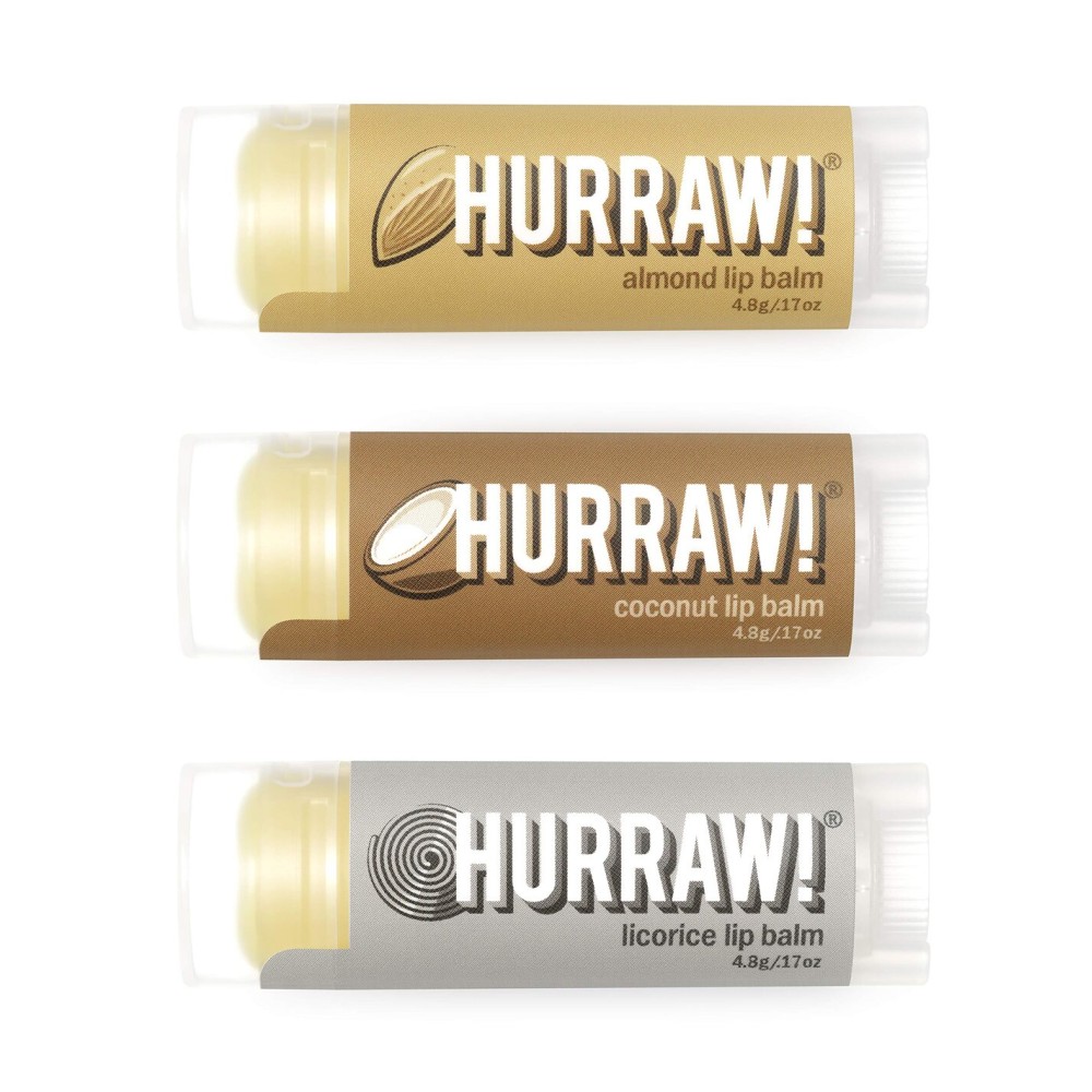 Hurraw! Almond, Coconut, Licorice Lip Balms, 3 Pack Bundle: Organic, Certified Vegan, Cruelty and Gluten Free. Non-GMO, 100% Natural. Bee, Shea, Soy & Palm Free. Made in USA