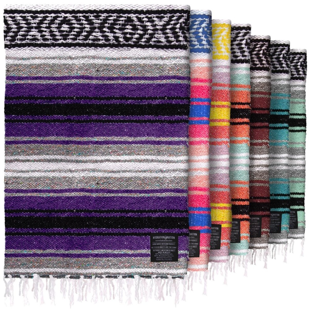 Hydration Nation Authentic Extra Large Mexican Blanket (70x50) - Handwoven Yoga, Serape - Artisanal Falsa, Beach, Camping, Picnic, Outdoor (Purple)