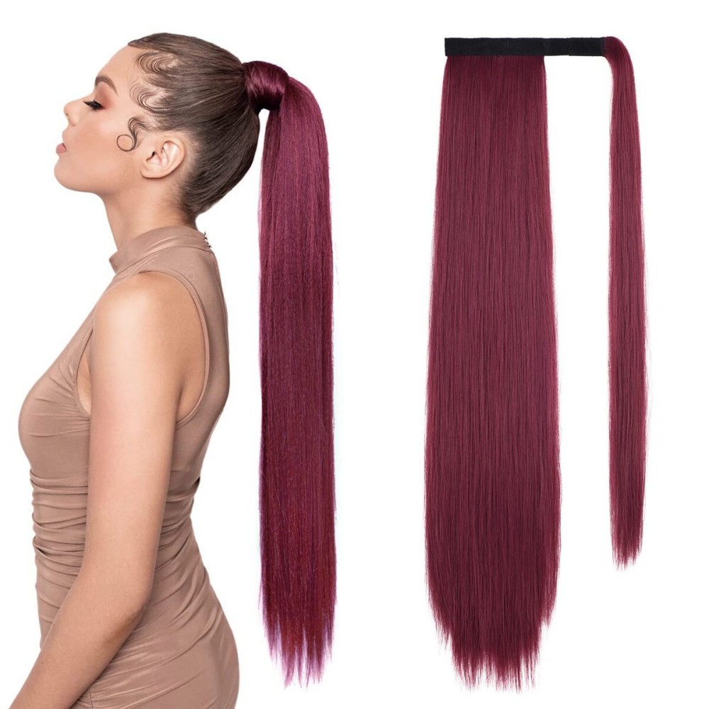SEIKEA Clip in Ponytail Extension Wrap Around Straight Hair for Women (28, Wine Red)