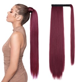 SEIKEA Clip in Ponytail Extension Wrap Around Straight Hair for Women (28, Wine Red)