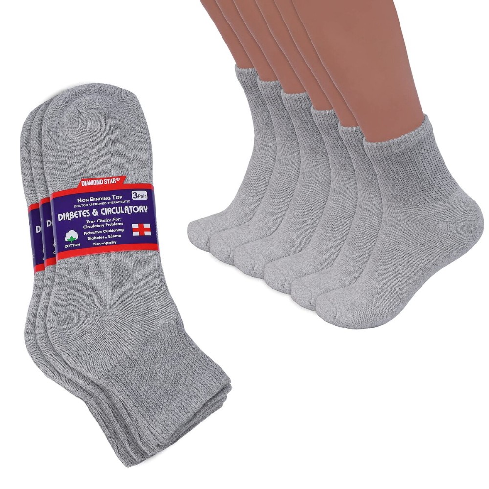 Diamond Star Diabetic Ankle Socks, Non-Binding Circulatory Doctor Approved Cushion Cotton Quarter Socks for Mens Womens 3,6,12 Pack (6 Pack Grey, 10-13)