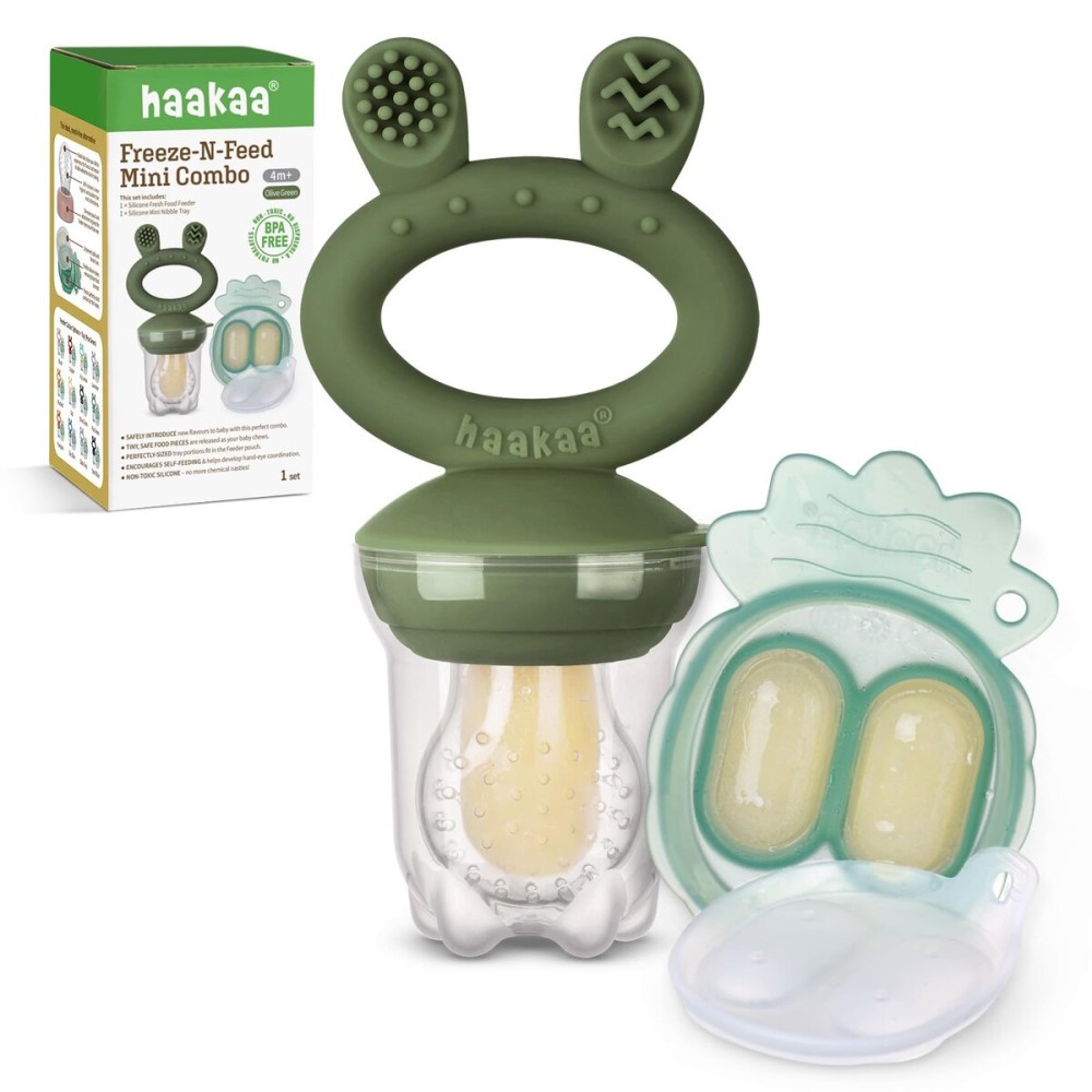 Haakaa Baby Fruit Food Feeder & Mini Freezer Nibble Tray Combo, Breastmilk Popsicle Molds for Baby Cooling Relief, BPA Free Silicone Feeder for Safe Infant Self Feeding, 4 Month+(Olive Green)