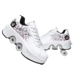 Double-Row Deform Wheel Automatic Walking Shoes Invisible Deformation Roller Skate 2 in 1 Removable Pulley Skates Skating Parkour (White Black Powder, US 5)
