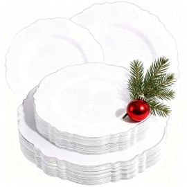 WDF 60pcs Silver Plastic Plates-Baroque White &Silver Plates for Upscale Parties &Wedding-including 30Plastic Dinner Plate 10.25inch, 30 Salad Plate 7.5inch for Christmas