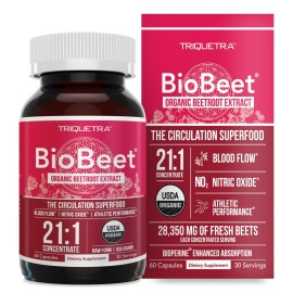 BioBeet Max Strength Beet Root Capsules - 21:1 Concentrate, Each Serving Derived from 28,350 mg Organic Beetroot - Absorption Enhancement with BioPerine Black Pepper Extract (60 Capsules)