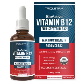 BioActive Vitamin B12 5000 mcg | Contains 3 BioActive Forms B12 Plus Methylfolate Cofactor - Methyl B12, Adenosyl B12 & Hydroxy B12 | Sublingual Form, Berry Flavor, Organic, Vegan (60 Servings)