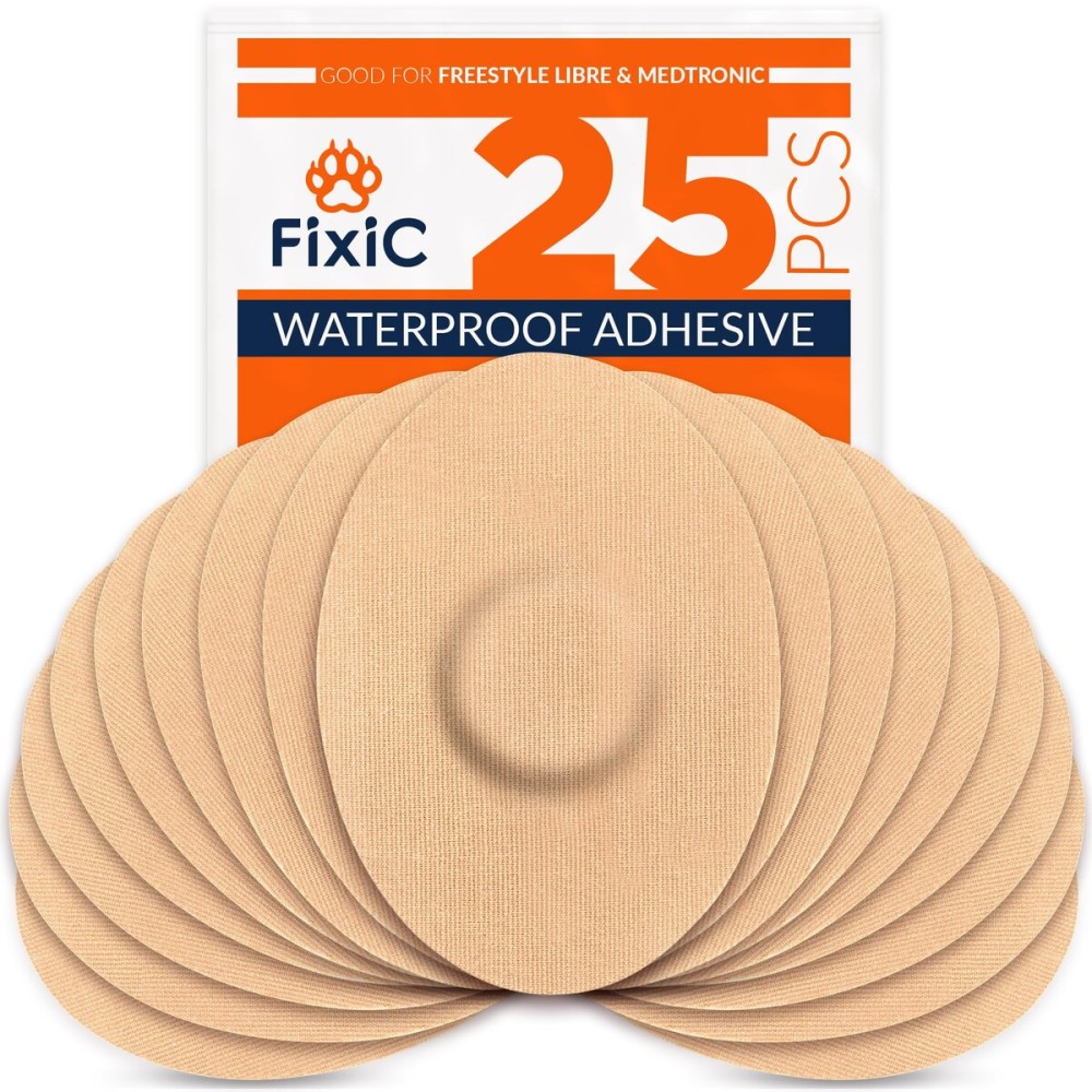 FixiC Freestyle Adhesive Patches 25 PCS - Good for Libre 1, 2, 3 & Plus - G7 & Stelo - Guardian - Waterproof Adhesive Patches - Libre Adhesive Covers - Pre-Cut - Best Fixation for Your Sensor! (Tan)