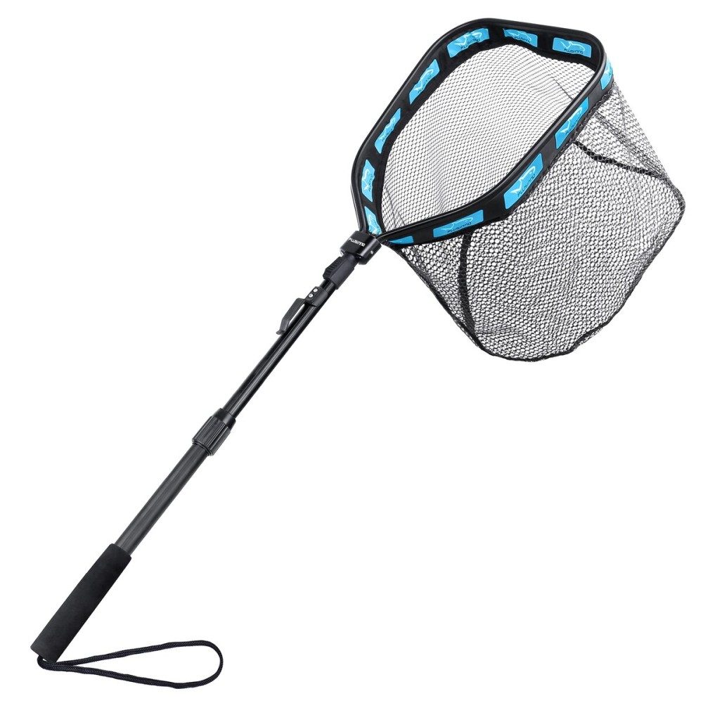 PLUSINNO Floating Fishing Net for Steelhead, Salmon, Fly, Kayak, Catfish, Bass, Trout Fishing, Rubber Coated Landing Net for Easy (19.7/50cm Hoop Size Length 1.35M Blue (Telescopic Pole))
