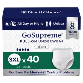 NorthShore GoSupreme Overnight Incontinence Underwear, 8-Hour Pullup Style, 3X-Large, 40 Count Case, White, 74-90 inches, Unisex Adult Diapers
