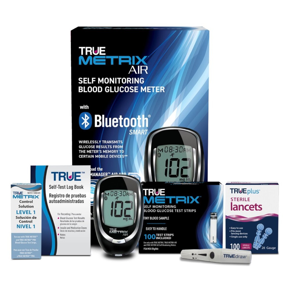 TRUE METRIX AIR Meter Starter Kit - Blood Glucose Meter, Case, 100 Test Strips, 100 Lancets, Lancing Device, Control Solution, Log Book - Fast, Easy Testing Supplies for Home Use