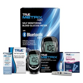 TRUE METRIX AIR Meter Starter Kit - Blood Glucose Meter, Case, 100 Test Strips, 100 Lancets, Lancing Device, Control Solution, Log Book - Fast, Easy Testing Supplies for Home Use