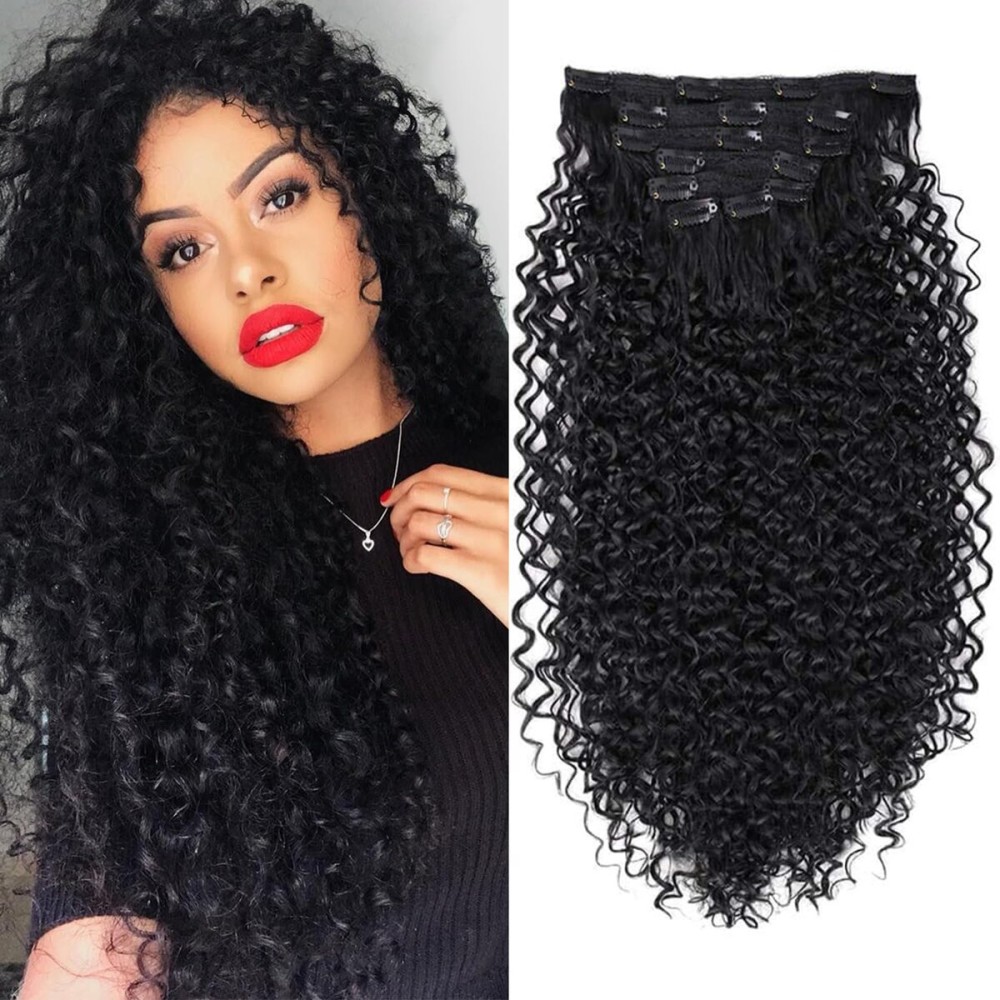 BHF 26 inch Kinky Curly Clip In Hair Extensions, Double Weft Full Head Japanese Heat Resistance Fiber 140g Synthetic Curly Hair Extensions For Women 7pieces (1B)