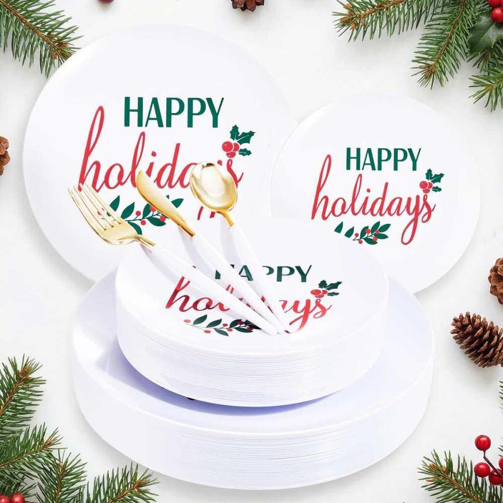 Supernal 150pcs Christmas Plastic Plates Disposable Holiday Plates,Christmas Dinnerware with Xmas Plate,White and Gold Plastic Silverware, Disposable Party Plate with Happy Holiday