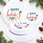 Supernal 150pcs Christmas Plastic Plates Disposable Holiday Plates,Christmas Dinnerware with Xmas Plate,White and Gold Plastic Silverware, Disposable Party Plate with Happy Holiday