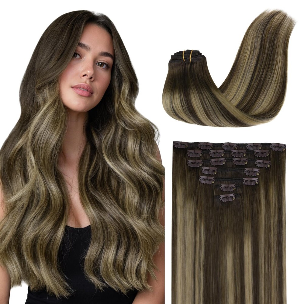GOO GOO Clip in Hair Extensions Real Human Hair, Remy Human Hair Extensions Clip ins for Women, Natural Human Hair, 18inch 120g 7Pcs, 4/26/4 Balayage Chocolate Brown to Honey Blonde