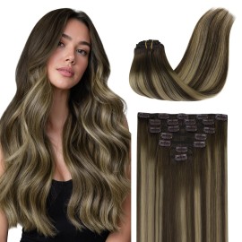 GOO GOO Clip in Hair Extensions Real Human Hair, Remy Human Hair Extensions Clip ins for Women, Natural Human Hair, 18inch 120g 7Pcs, 4/26/4 Balayage Chocolate Brown to Honey Blonde