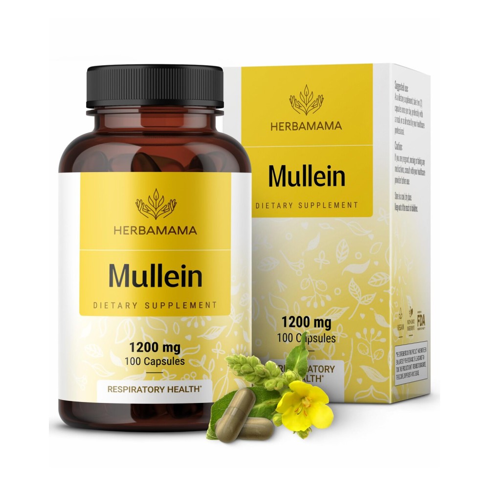 HERBAMAMA Mullein Leaf Capsules - 1200mg Mullein Leaf Extract for Lung Detox Support - Vegan, Non-GMO Respiratory Lung Cleanse Supplement