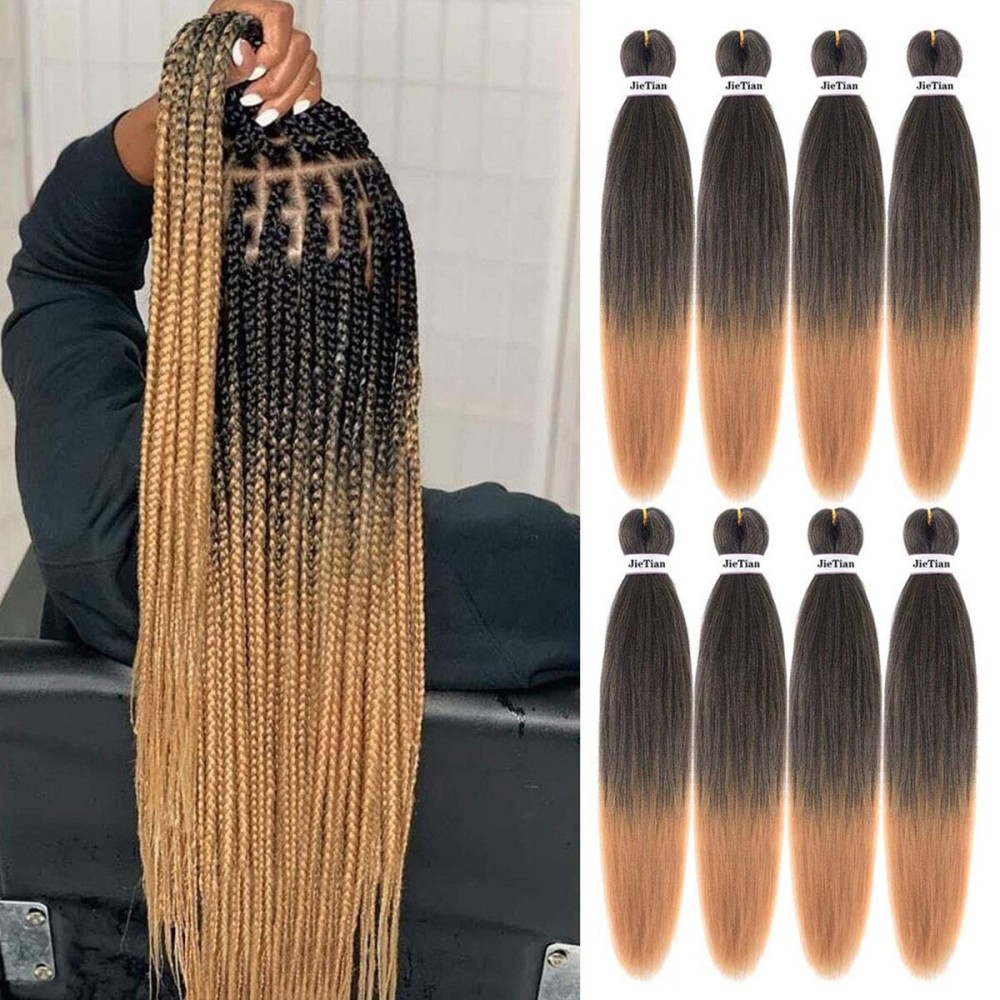 Liang Dian Pre Stretched Braiding Hair ombre Natural Black Blonde 8 Packs 22 Inch Synthetic Crochet Braids Hot Water Setting Professional Soft Yaki Texture Synthetic Hair Extensions(1B/27)