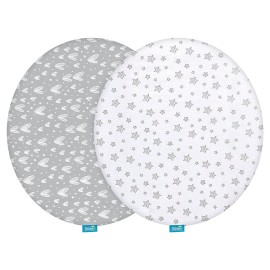 Bassinet Sheets Compatible with Fisher-Price On-The-Go Baby Dome, 2 Pack, 100% Jersey Knit Cotton Fitted Sheets, Breathable and Heavenly Soft, Grey Hearts and White Stars Print for Baby