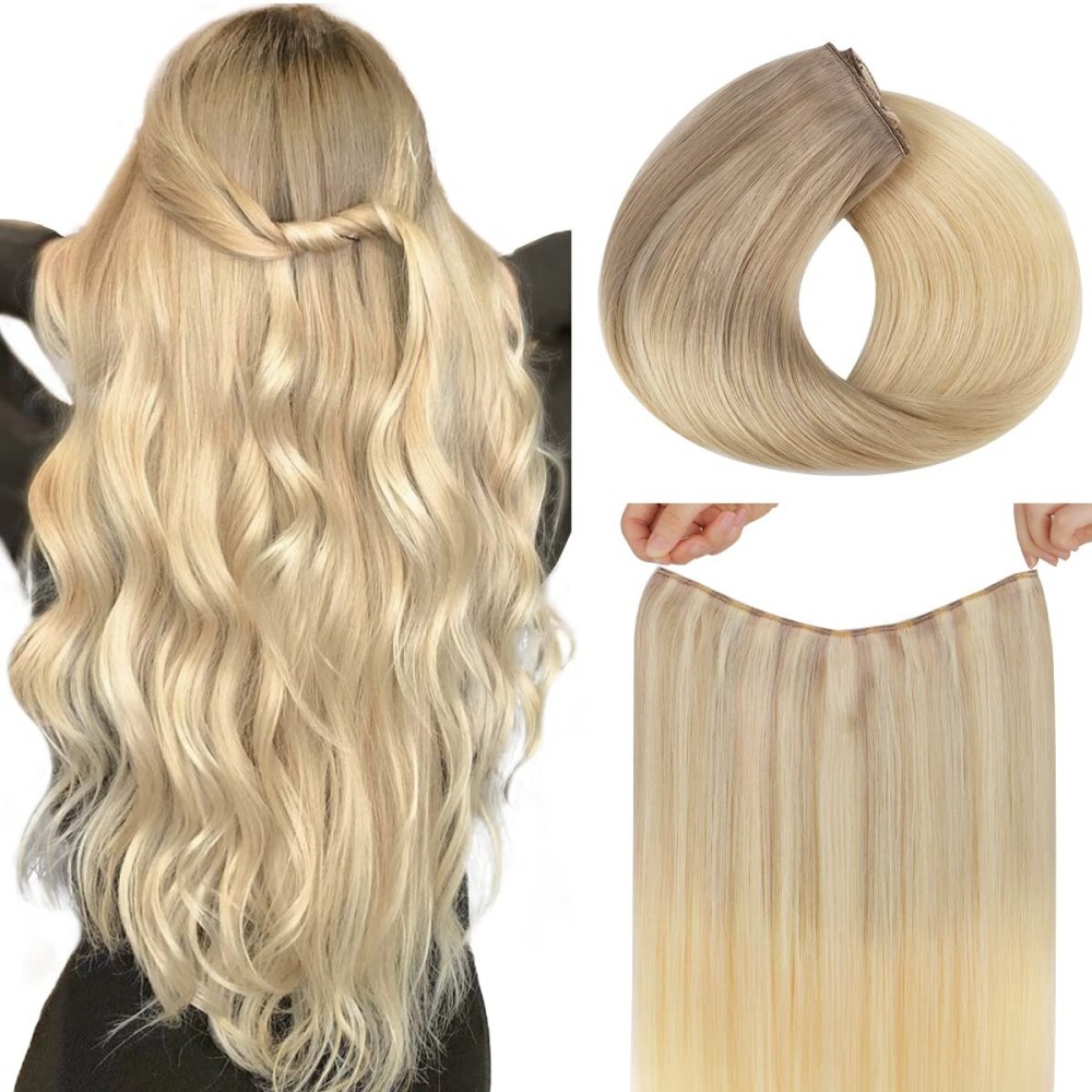 HOTBANANA Wire Hair Extensions, 12 inch 70g Ash Blonde to Golden Blonde and Platinum Blonde Fish Line Real Human Hair Straight Invisible Remy Hair Extensions