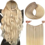 HOTBANANA Wire Hair Extensions, 12 inch 70g Ash Blonde to Golden Blonde and Platinum Blonde Fish Line Real Human Hair Straight Invisible Remy Hair Extensions