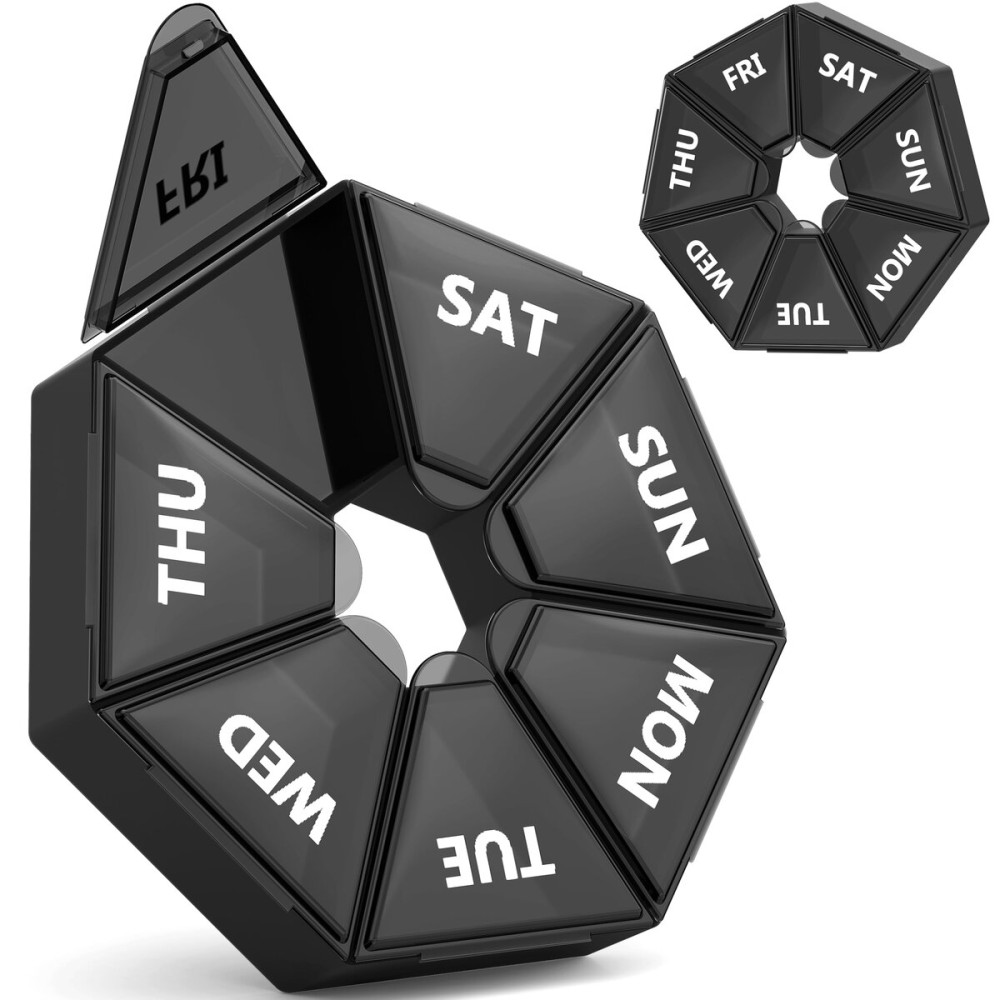 Gelibo,Weekly Pill Organizer, 2 Pack Portable Travel Pill Box Dispenser Medicine case 6 Colors (Seven Day) New Edition for Vitamin/Fish Oil/Pills/Supplements-Arthritis Friendly (Black)