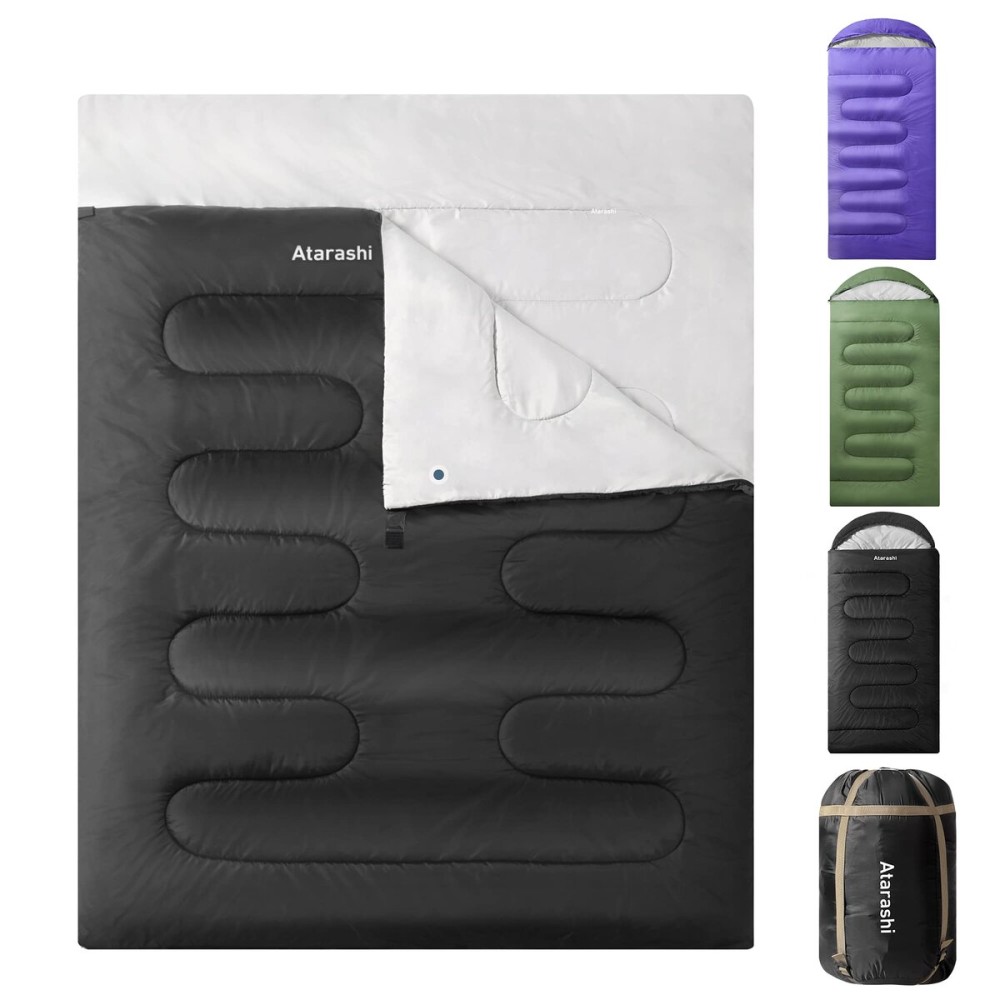 Atarashi Double Sleeping Bags for Adults, 3-4 Seasons Extra Wide XL Queen Size Two Person Sleeping Bag, Couple Black Sleeping Bags for Camping, Hiking and Outdoors, Warm Cold Weather, 59\'\'X87\'\'