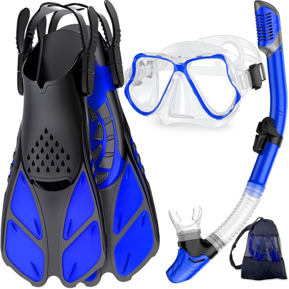 Zenoplige Mask Fins Snorkel Set, Snorkeling Gear for Adults, Panoramic View Snorkel Mask Anti-Fog, Adjustable Dive Flippers, Dry Top Snorkel and Travel Bag, Scuba Gear for Swimming Snorkeling Diving