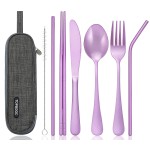 Portable Stainless Steel Flatware Set, Travel Camping Cutlery Set, Portable Utensil Travel Silverware Dinnerware Set with a Waterproof Case (Light Purple)
