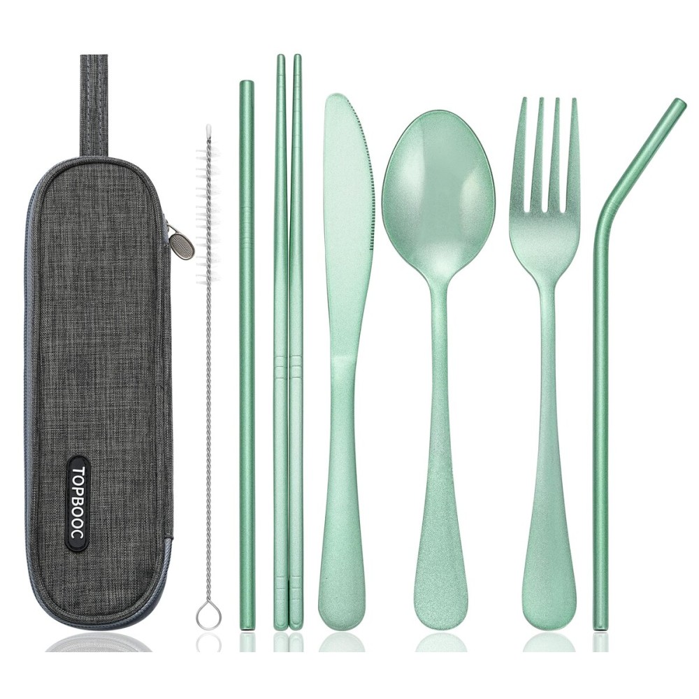 Portable Stainless Steel Flatware Set, Travel Camping Cutlery Set, Portable Utensil Travel Silverware Dinnerware Set with a Waterproof Case (Green)