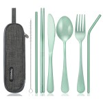 Portable Stainless Steel Flatware Set, Travel Camping Cutlery Set, Portable Utensil Travel Silverware Dinnerware Set with a Waterproof Case (Green)