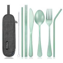 Portable Stainless Steel Flatware Set, Travel Camping Cutlery Set, Portable Utensil Travel Silverware Dinnerware Set with a Waterproof Case (Green)