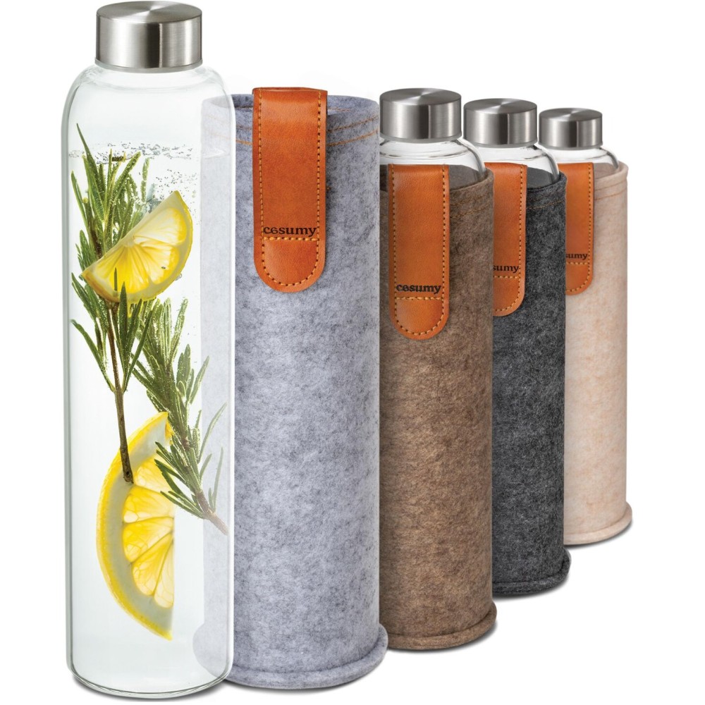 Cosumy Glass Water Bottle 25oz with Felt Sleeve - Borosilicate Glass - Leakproof Lid - BPA Free - Ideal for Work, Travel & Gym (Classic Gray)