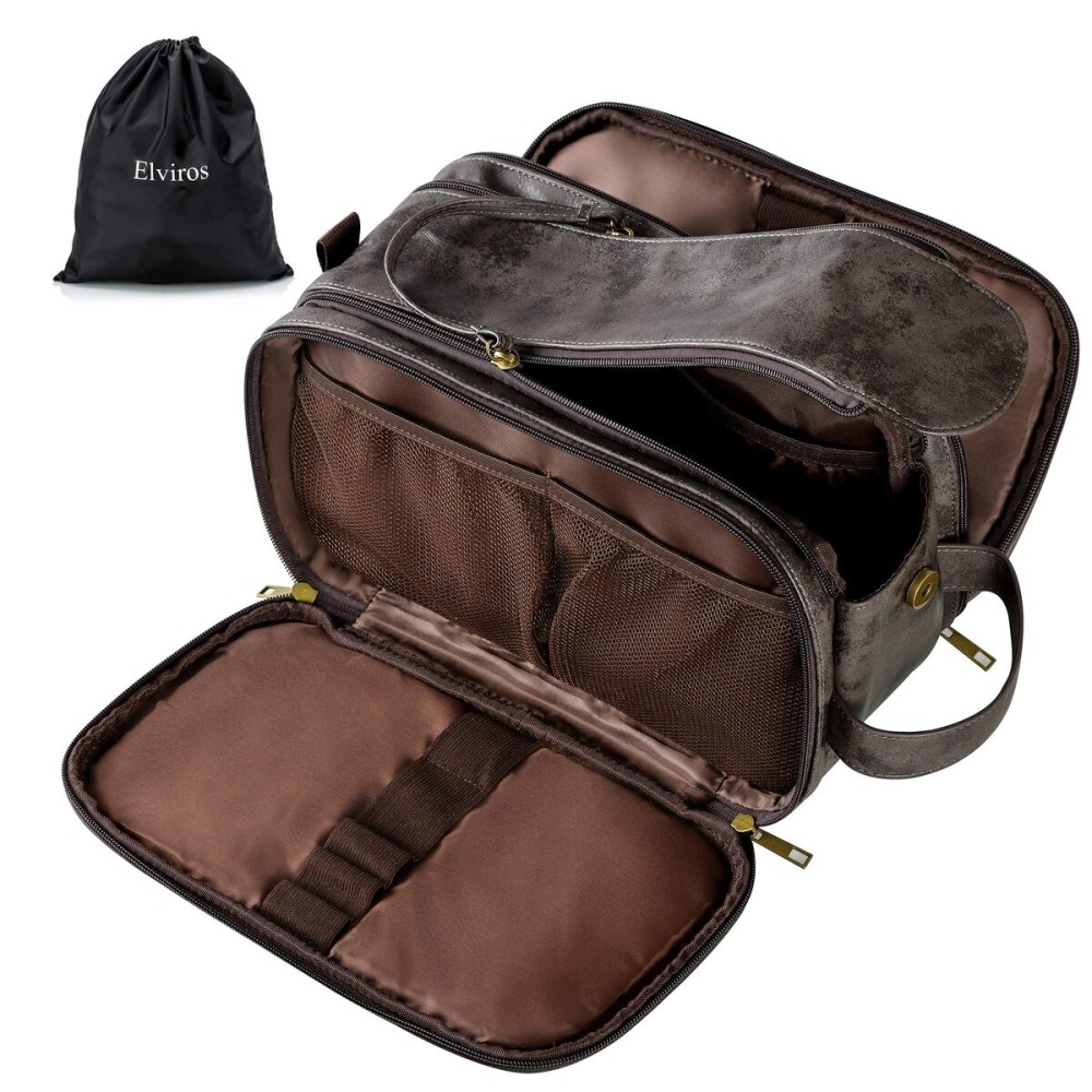 Elviros Toiletry Bag for Men, Large Travel Shaving Dopp Kit Water-resistant Bathroom Toiletries Organizer PU Leather Cosmetic Bags