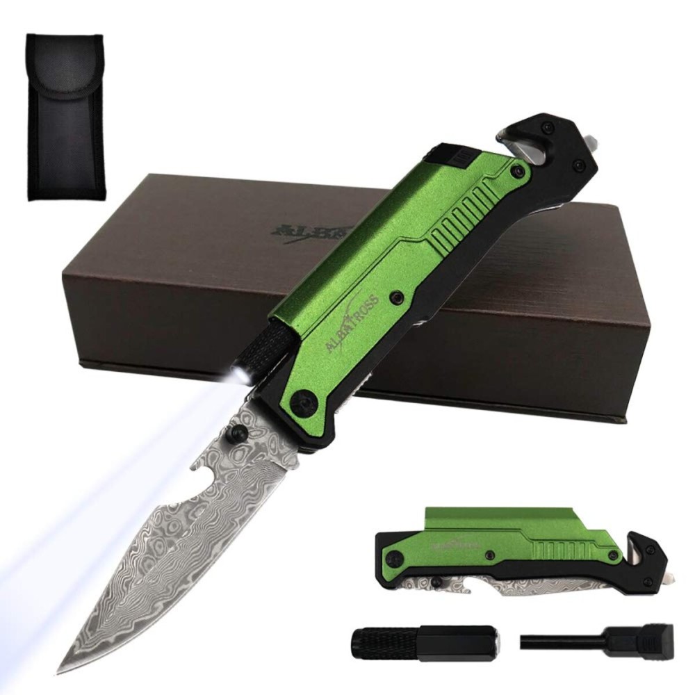 ALBATROSS 6-in-1 Modern Damascus Steel Folding Pocket Knives with LED Light,Seatbelt Cutter,Glass Breaker,Magnesium Fire Starter,Bottle Opener;Multi-Function Emergency Tool(Green-DA)