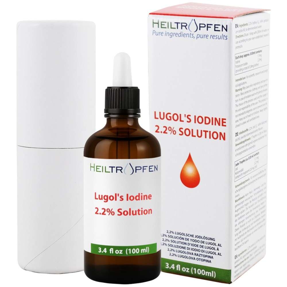 2.2% Lugol\'s Iodine Solution 3.4 Fl Oz | Pharmaceutical Grade Ingredients | Lugols Solution Made with Iodine and Potassium Iodide | Third-Party Tested | Heiltropfen