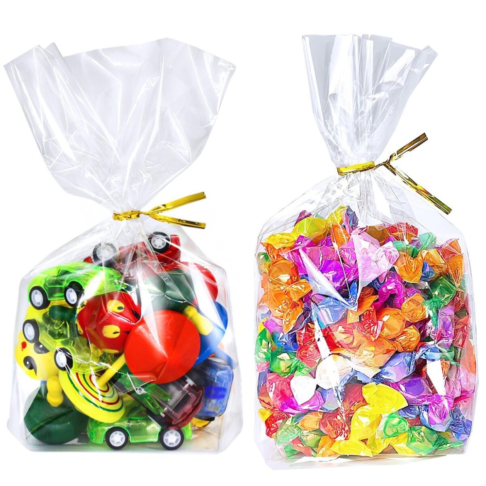 PigPotParty 6x 9, 100Pcs Bottom Gusset Bags, Clear Plastic Cellophane Treat Goodie Bags with Ties for Party Favor, Candy, Cookie, Popcorn, Small Gift Wrapping (No Side Gusset)