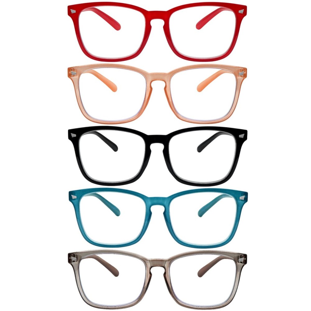 SIGVAN 5 Pack Blue Light Blocking Reading Glasses Fashion Square Computer Readers for Women Men, Anti UV Ray Nerd Eyeglasses (5C A, 1.0)