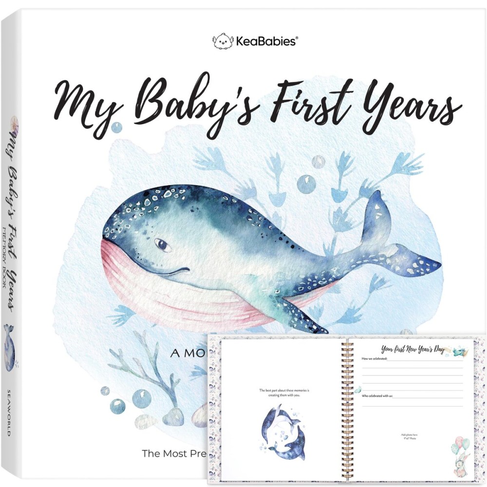 First 5 Years Baby Memory Book Girl, Boy - 90 Pages Hardcover First Year Milestone Keepsake Book, Newborn Scrapbook for New Parents, Minimalist Photo Album Journal, Gift for Baby Shower (SeaWorld)