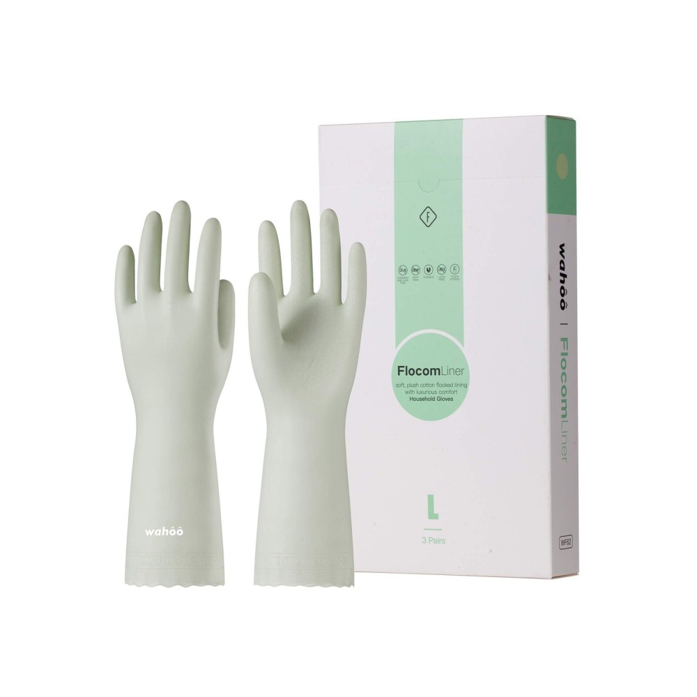 LANON 3 Pairs wahoo Skin-Friendly Cleaning Gloves, Dishwashing Kitchen Gloves with Cotton Flocked Liner, Reusable, Non-Slip, Canary Green, Small