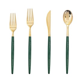 Supernal 180pcs Gold and Green Plastic Silverware Extra Heavy Duty Gold Plastic Cutlery with Green Glitter Handle Disposable Flatware for Parties, Weddings, and Outdoor Events