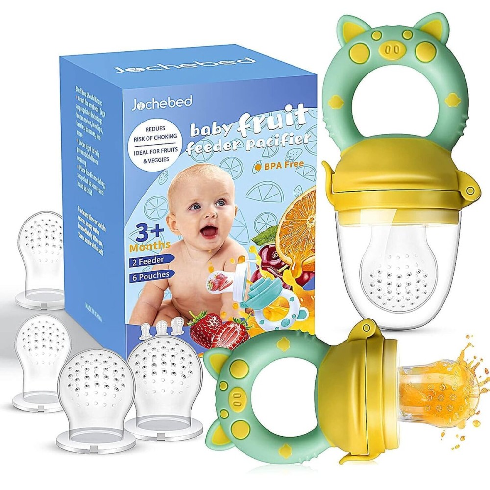 Baby Fruit Food Feeder Pacifier - Fresh Teething Pacifiers, Infant Fruit Teething Teether Toy for 3-24 Months, 6 Pcs Silicone Pouches for Toddlers & Kids & Babies, Piggy Handle 2-Pack (Yellow)