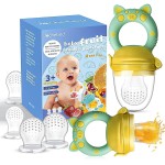 Baby Fruit Food Feeder Pacifier - Fresh Teething Pacifiers, Infant Fruit Teething Teether Toy for 3-24 Months, 6 Pcs Silicone Pouches for Toddlers & Kids & Babies, Piggy Handle 2-Pack (Yellow)