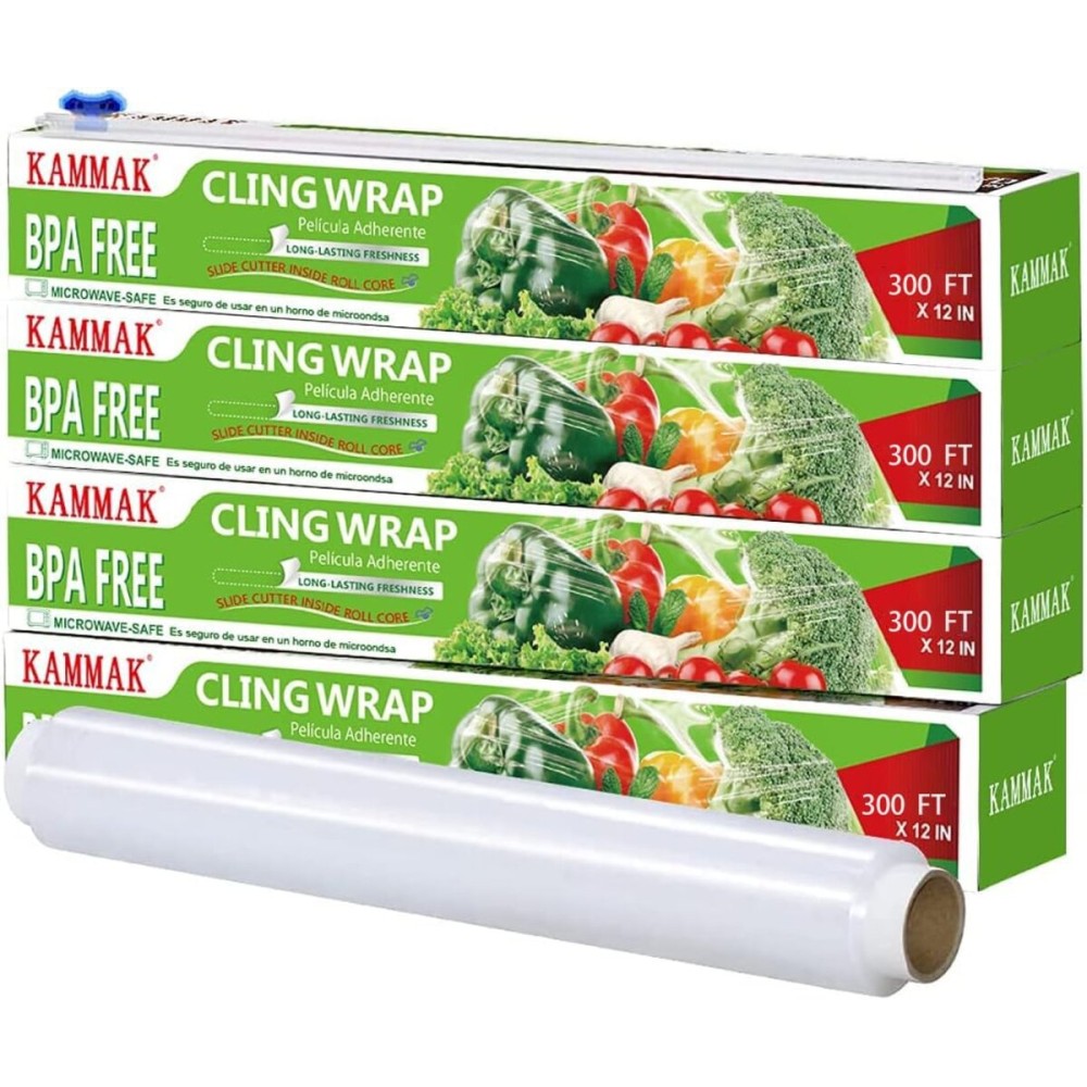 KAMMAK Plastic Wrap with Slide Cutter - 4 Pack 12 inch Clear Cling Film, 300 Square FT Roll - BPA Free, Microwave Safe, Quick Cut Kitchen Wrap