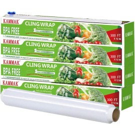 KAMMAK Plastic Wrap with Slide Cutter - 4 Pack 12 inch Clear Cling Film, 300 Square FT Roll - BPA Free, Microwave Safe, Quick Cut Kitchen Wrap