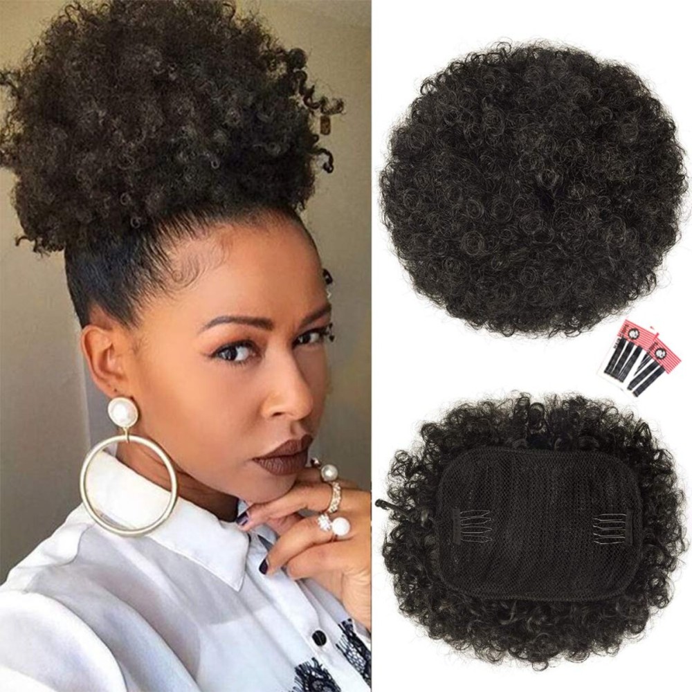 rosmile Afro Puff Drawstring Ponytail Extension for Black Women, Premium Dark Brown 2 80gram Short Synthetic Afro Puff Ponytail for Natural Hair, Clip On Kinky Drawstring Curly Ponytail Bun