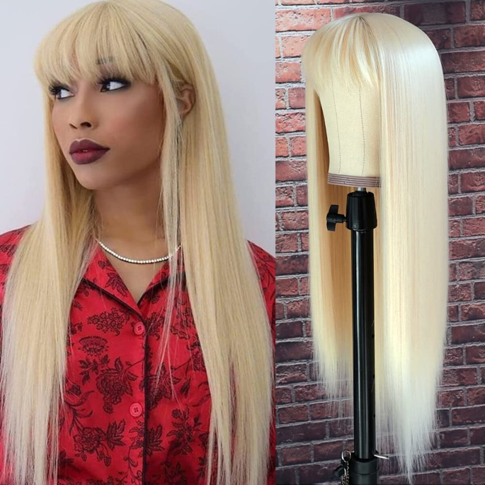 QD-Tizer 613 Blonde Long Straight Synthetic Hair Wigs with Bangs Women\'s Costume Wig Heat Resistant Hair Replacement Wig