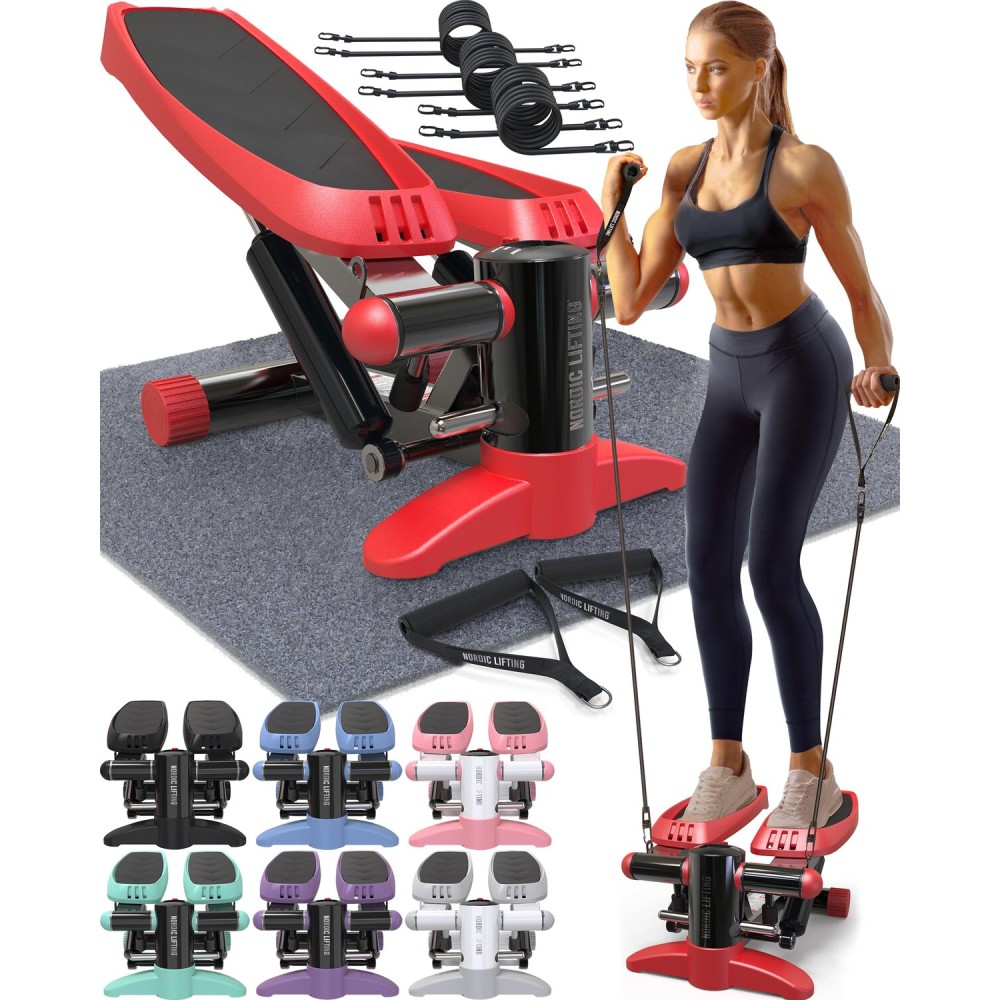 Nordic Lifting Mini Stepper & Stair Climber - Red - Compact Fitness Stepper w/Resistance Bands, LCD Monitor, 330LB Weight Limit - Home Leg & Thigh Workout Machine