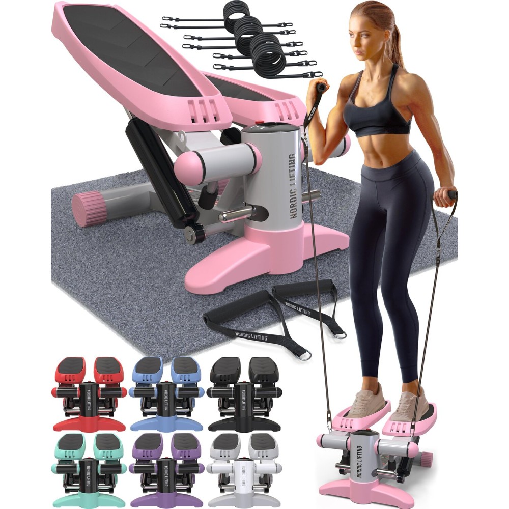 Nordic Lifting Mini Stepper & Stair Climber - Pink - Compact Fitness Stepper w/Resistance Bands, LCD Monitor, 330LB Weight Limit - Home Leg & Thigh Workout Machine