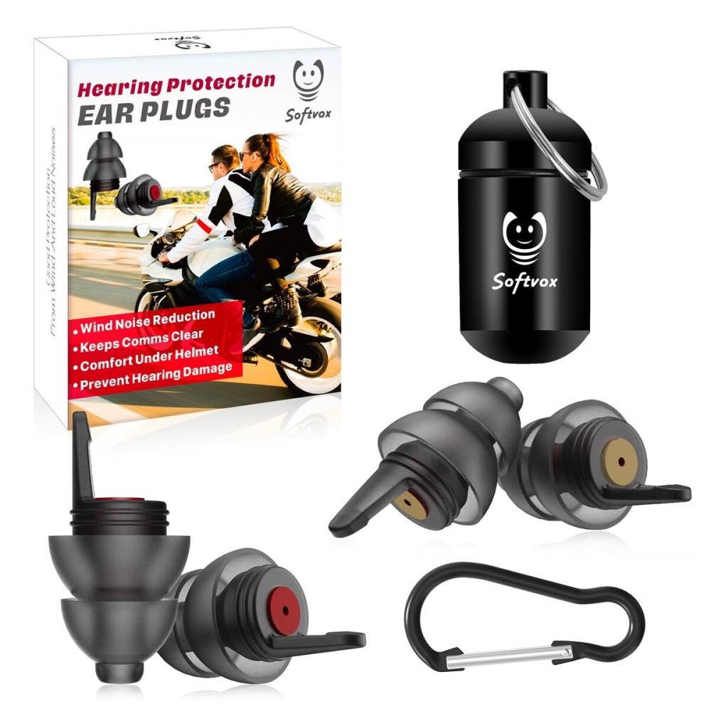 Softvox Motorcycle Ear Plugs for Wind Noise Reduction - 2 Pairs - 25dB - Motorcycle Accessories - Reusable Moto Earplugs, Soft Comfortable Hearing Protection for Motorbike, Touring, Racing, Riding